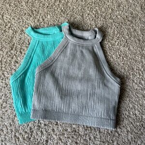 XS Aerie Ribbed Halter Crop Tops in Light Gray & turquoise